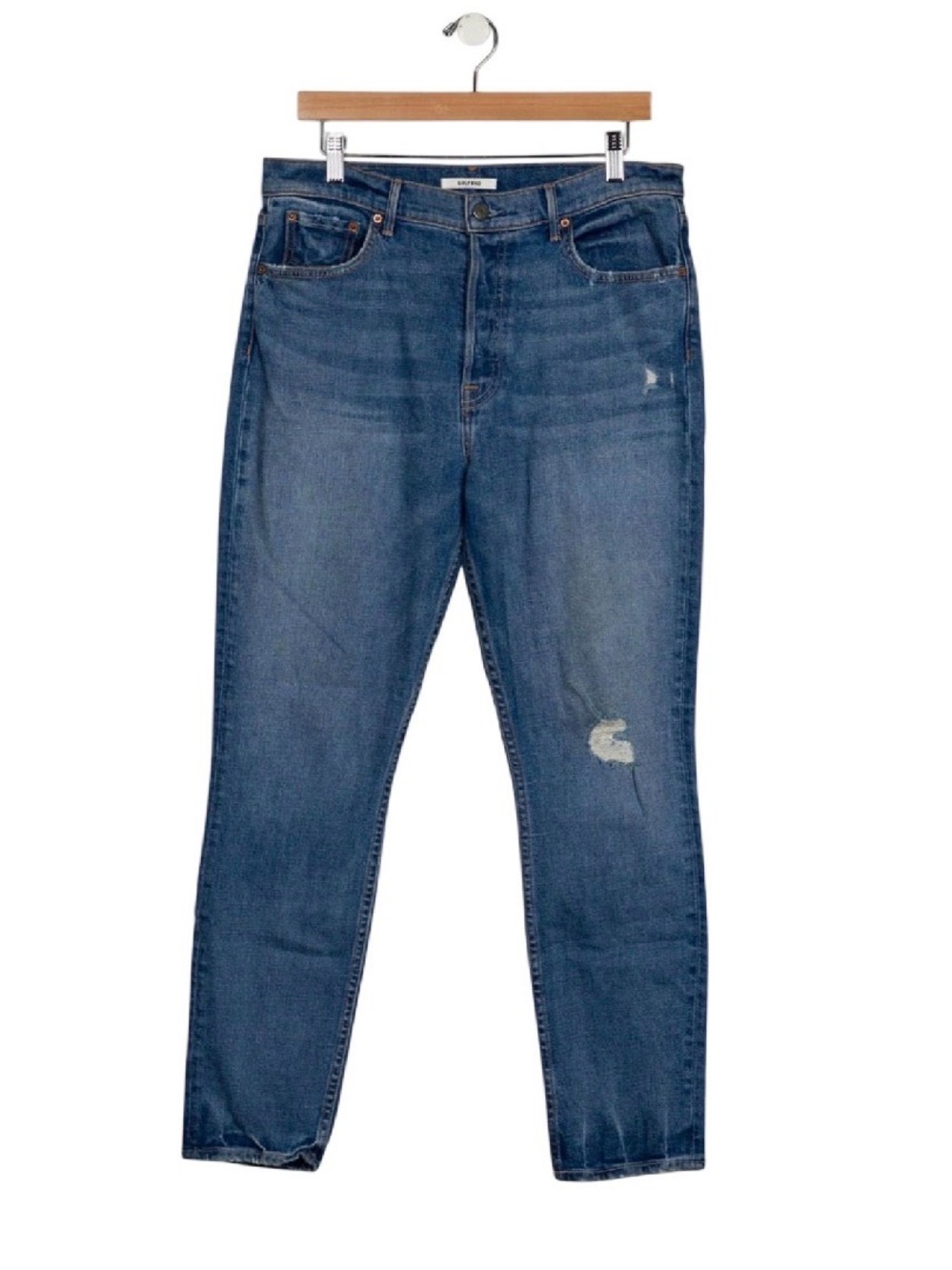 GRLFRND Light Blue Denim Jeans with Tan Leather Patch